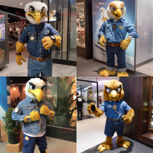 Gold Eagle mascot costume character dressed with a Denim Shirt and Bracelet watches