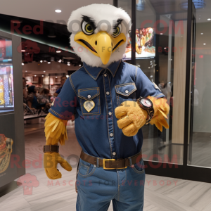 Gold Eagle mascot costume character dressed with a Denim Shirt and Bracelet watches