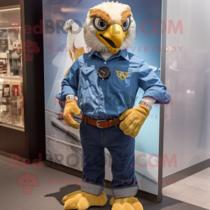 Gold Eagle mascot costume character dressed with a Denim Shirt and Bracelet watches