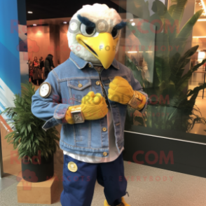 Gold Eagle mascot costume character dressed with a Denim Shirt and Bracelet watches