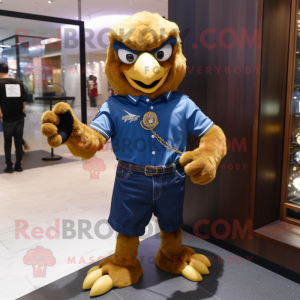 Gold Eagle mascot costume character dressed with a Denim Shirt and Bracelet watches