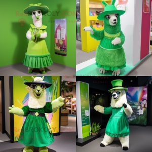 Green Llama mascot costume character dressed with a A-Line Skirt and Hats