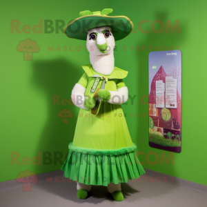 Green Llama mascot costume character dressed with a A-Line Skirt and Hats