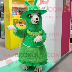 Green Llama mascot costume character dressed with a A-Line Skirt and Hats