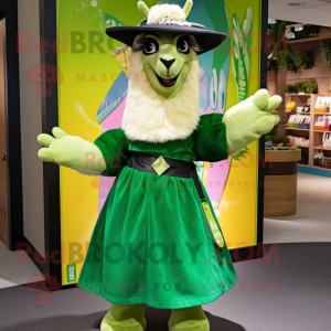 Green Llama mascot costume character dressed with a A-Line Skirt and Hats