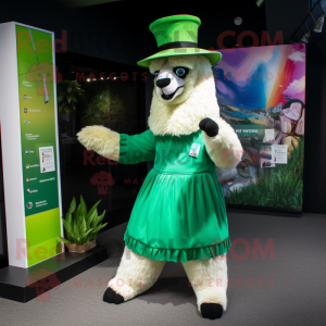 Green Llama mascot costume character dressed with a A-Line Skirt and Hats