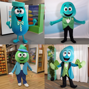 Teal Cucumber mascot costume character dressed with a Capri Pants and Bow ties