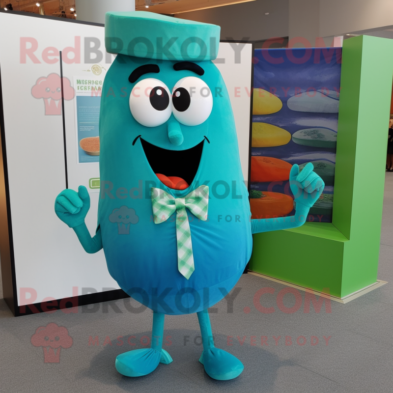 Teal Cucumber mascot costume character dressed with a Capri Pants and Bow ties Teal Cucumber mascot costume character dressed with a Capri Pants and Bow ties