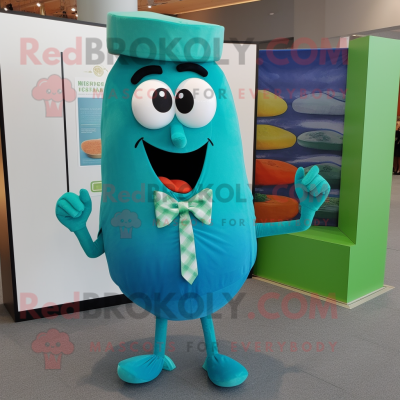 Teal Cucumber mascot costume character dressed with a Capri Pants and Bow ties