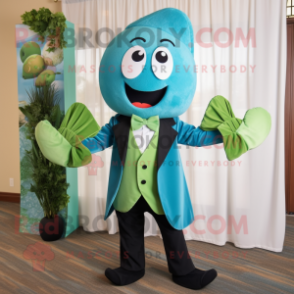 Teal Cucumber mascot costume character dressed with a Capri Pants and Bow ties
