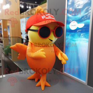 Orange Salmon mascot costume character dressed with a Mini Dress and Sunglasses