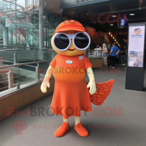 Orange Salmon mascot costume character dressed with a Mini Dress and Sunglasses