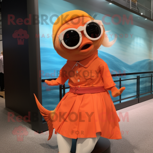 Orange Salmon mascot costume character dressed with a Mini Dress and Sunglasses