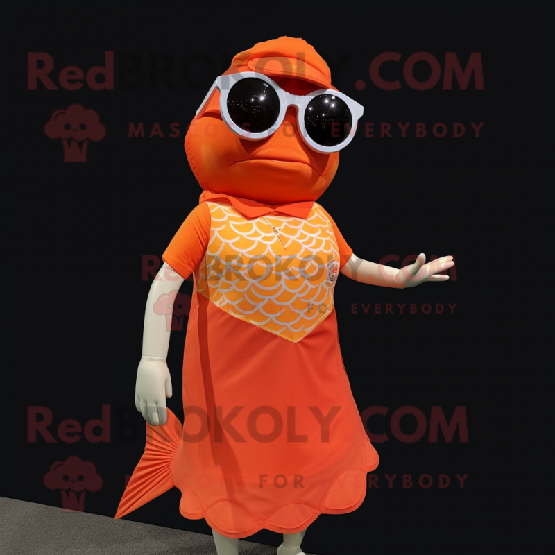 Orange Salmon mascot costume character dressed with a Mini Dress and Sunglasses