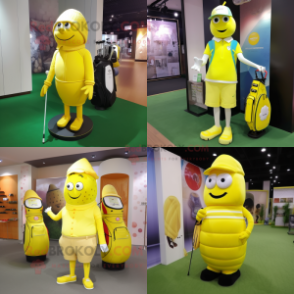 Lemon Yellow Golf Bag mascot costume character dressed with a Leggings and Cummerbunds