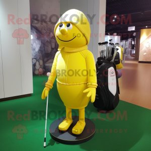 Lemon Yellow Golf Bag mascot costume character dressed with a Leggings and Cummerbunds