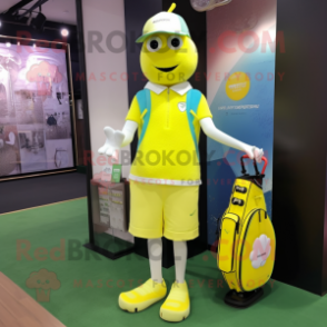 Lemon Yellow Golf Bag mascot costume character dressed with a Leggings and Cummerbunds