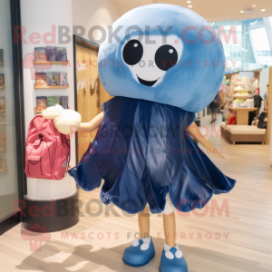 Navy Jellyfish mascot costume character dressed with a Denim Shorts and Handbags