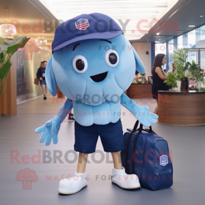 Navy Jellyfish mascot costume character dressed with a Denim Shorts and Handbags