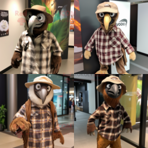 Brown Vulture mascot costume character dressed with a Flannel Shirt and Hat pins