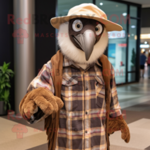 Brown Vulture mascot costume character dressed with a Flannel Shirt and Hat pins