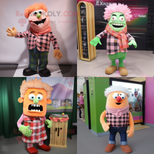 Peach Frankenstein mascot costume character dressed with a Flannel Shirt and Scarves