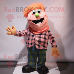 Peach Frankenstein mascot costume character dressed with a Flannel Shirt and Scarves