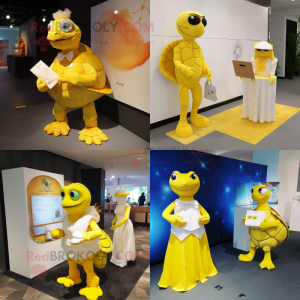 Yellow Turtle mascot costume character dressed with a Wedding Dress and Wallets