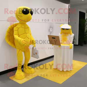 Yellow Turtle mascot costume character dressed with a Wedding Dress and Wallets