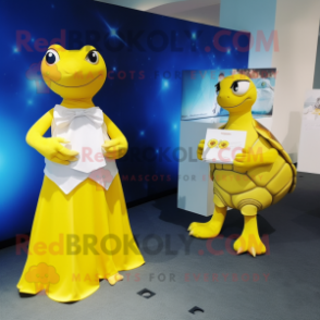 Yellow Turtle mascot costume character dressed with a Wedding Dress and Wallets