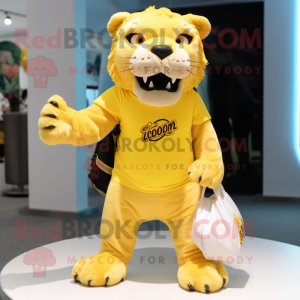 Lemon Yellow Smilodon mascot costume character dressed with a Graphic Tee and Clutch bags