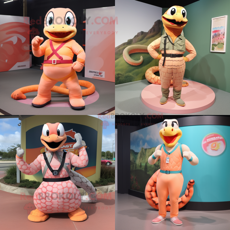 Peach Python mascot costume character dressed with a Tank Top and Belts Peach Python mascot costume character dressed with a Tank Top and Belts