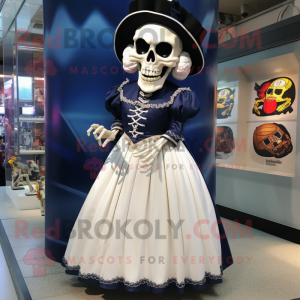 Navy Skull mascot costume character dressed with a Ball Gown and Shoe clips