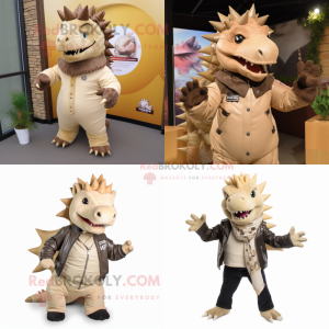 Beige Stegosaurus mascot costume character dressed with a Leather Jacket and Scarves