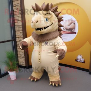 Beige Stegosaurus mascot costume character dressed with a Leather Jacket and Scarves