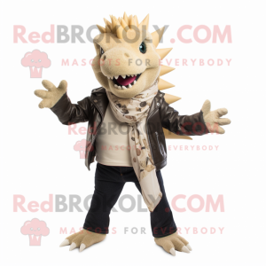 Beige Stegosaurus mascot costume character dressed with a Leather Jacket and Scarves