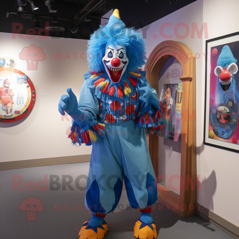 Blue Evil Clown mascot costume character dressed with a Bermuda Shorts and Shawl pins Blue Evil Clown mascot costume character dressed with a Bermuda Shorts and Shawl pins