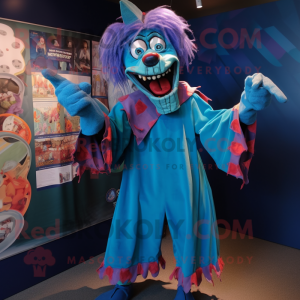 Blue Evil Clown mascot costume character dressed with a Bermuda Shorts and Shawl pins