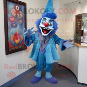 Blue Evil Clown mascot costume character dressed with a Bermuda Shorts and Shawl pins