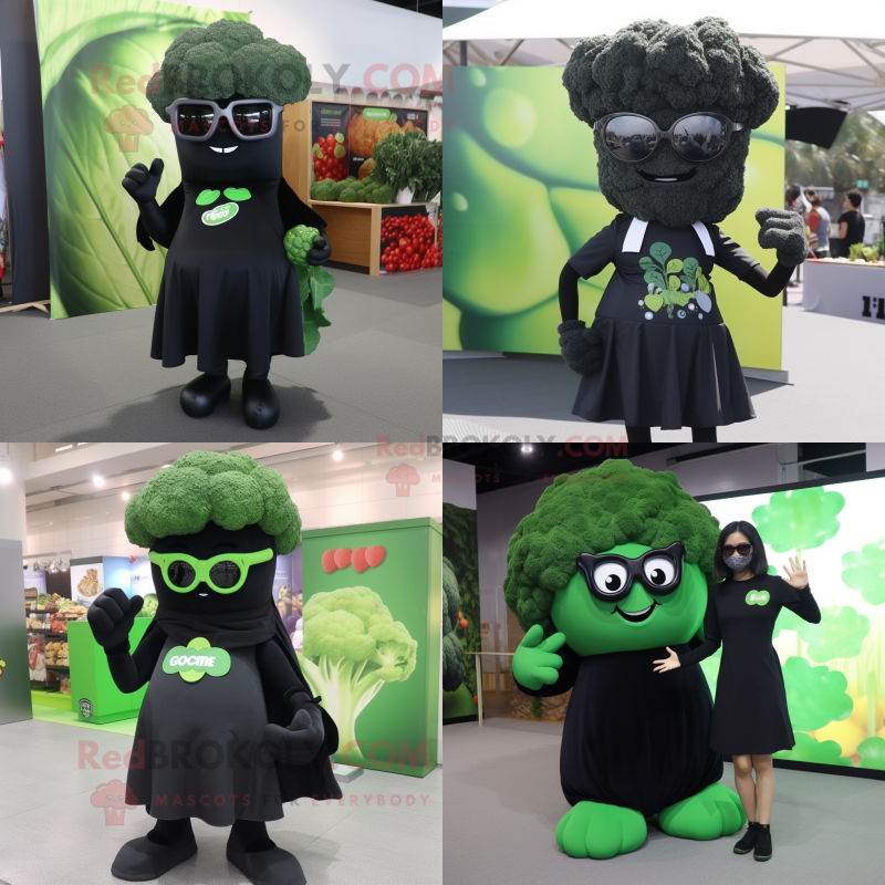 Black Broccoli mascot costume character dressed with a A-Line Dress and Sunglasses Black Broccoli mascot costume character dressed with a A-Line Dress and Sunglasses