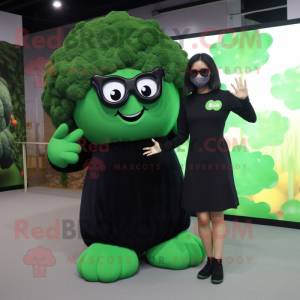 Black Broccoli mascot costume character dressed with a A-Line Dress and Sunglasses