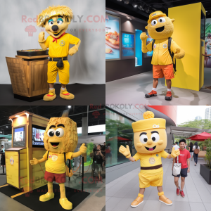 Yellow Pad Thai mascot costume character dressed with a Cargo Shorts and Watches