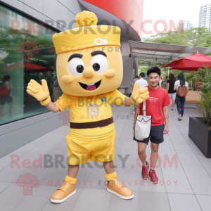 Yellow Pad Thai mascot costume character dressed with a Cargo Shorts and Watches
