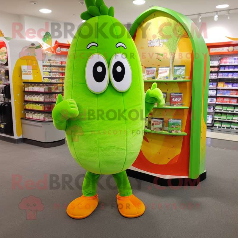 Lime Green Carrot mascot costume character dressed with a Board Shorts and Coin purses