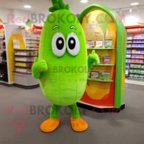 Lime Green Carrot mascot costume character dressed with a Board Shorts and Coin purses