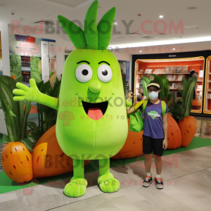 Lime Green Carrot mascot costume character dressed with a Board Shorts and Coin purses