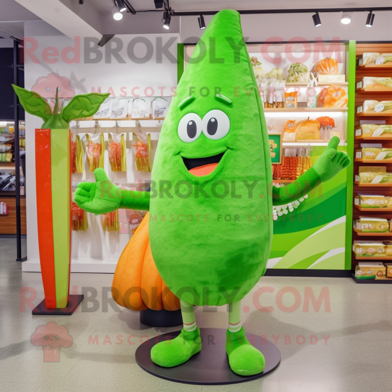 Lime Green Carrot mascot costume character dressed with a Board Shorts and Coin purses