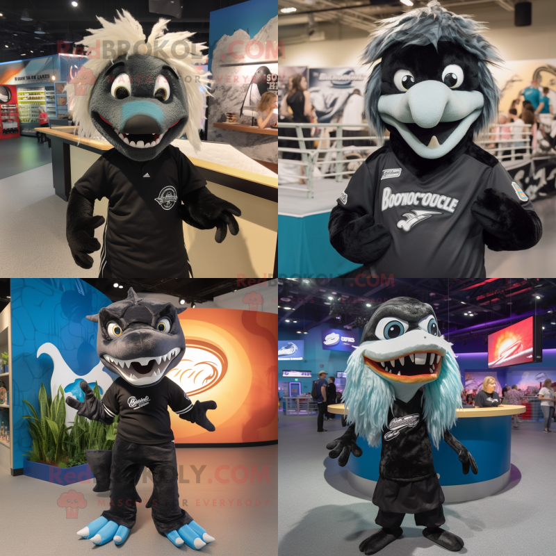 Black Barracuda mascot costume character dressed with a Henley Tee and Hair clips