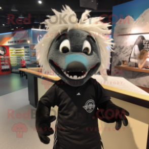 Black Barracuda mascot costume character dressed with a Henley Tee and Hair clips