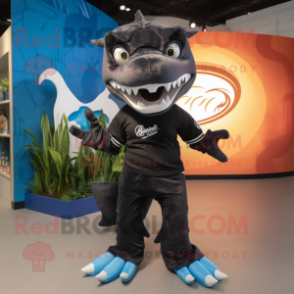 Black Barracuda mascot costume character dressed with a Henley Tee and Hair clips